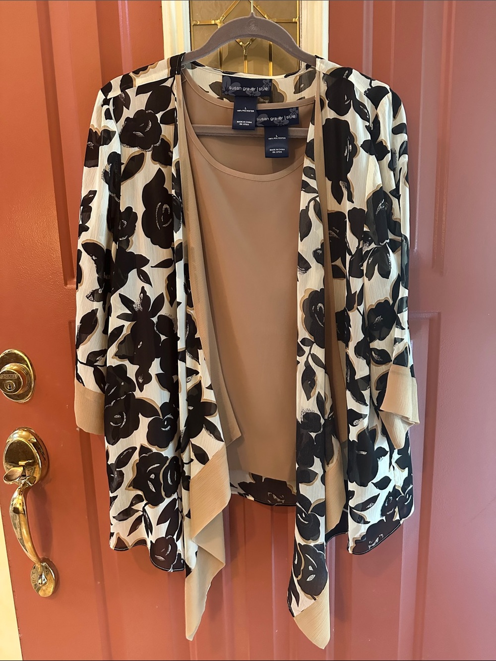 Classic Cream & Black Floral Open-Front Cardigan with Matching Tank